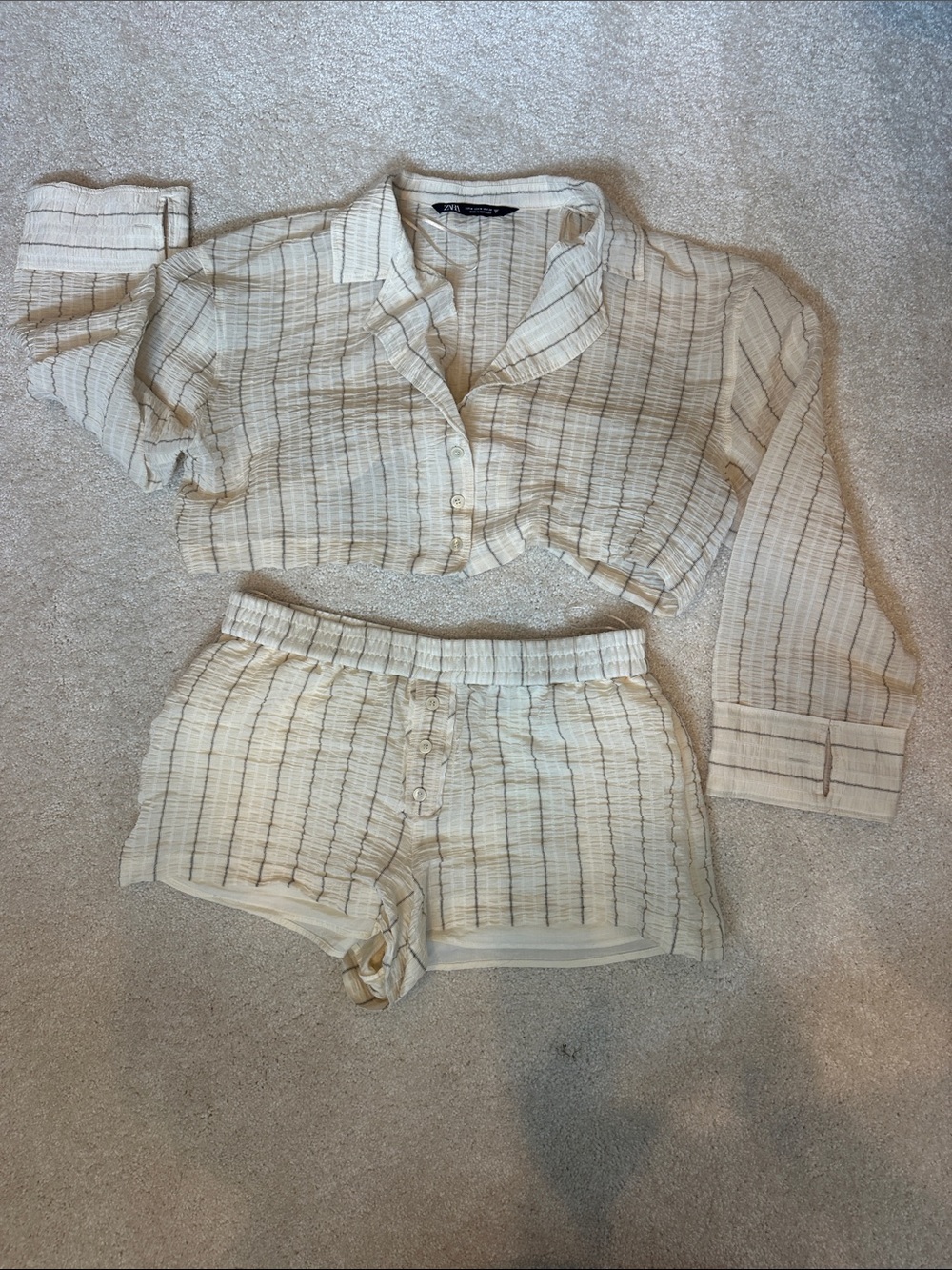 Zara Cream Striped Button-Front Pajama Top & Shorts Set
